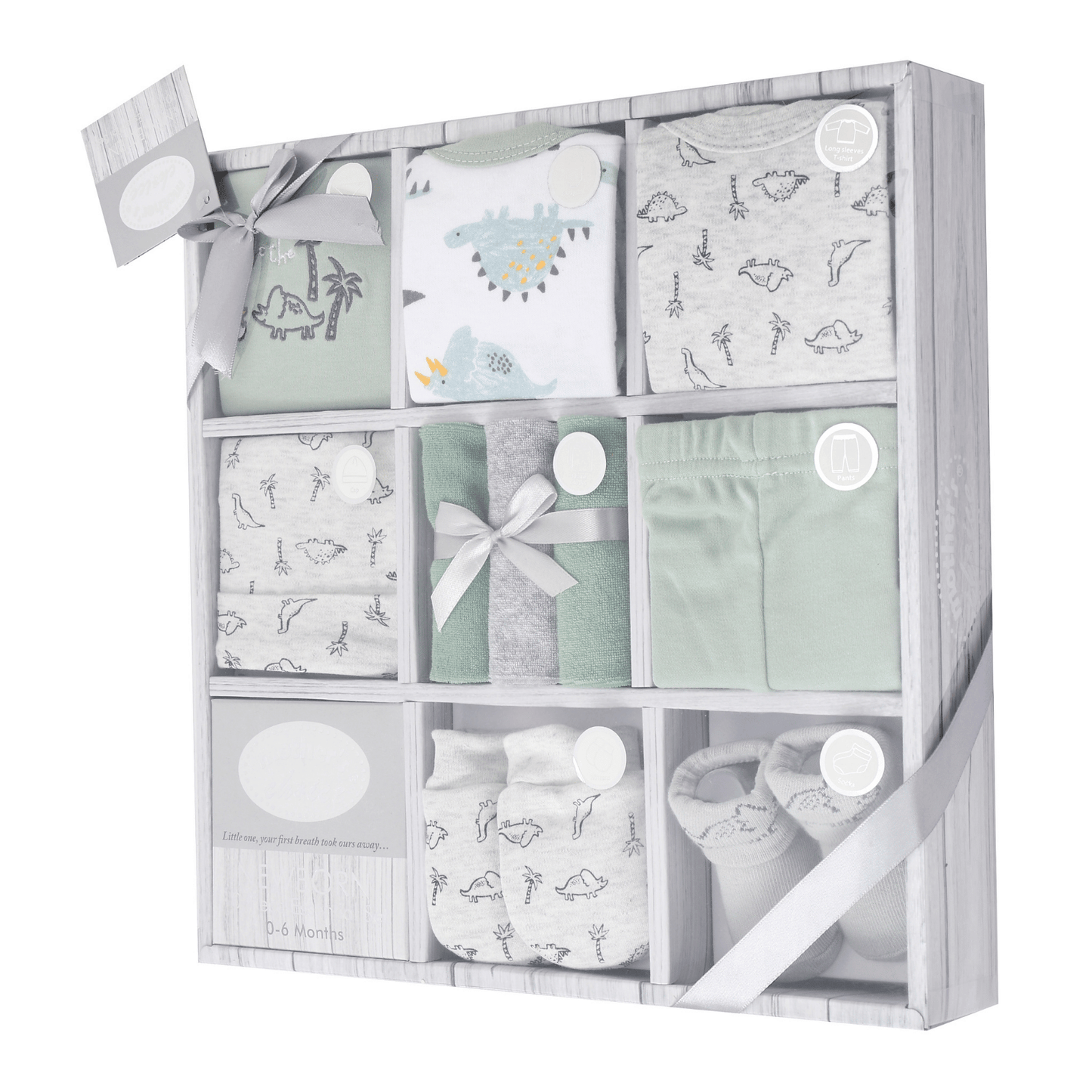 MOTHER'S CHOICE 10-Pc Baby Bodysuit, T-shirt, Pants, Hat, Mittens, Bib, Socks & Wash Cloths Gift Box Set (Green Dino)