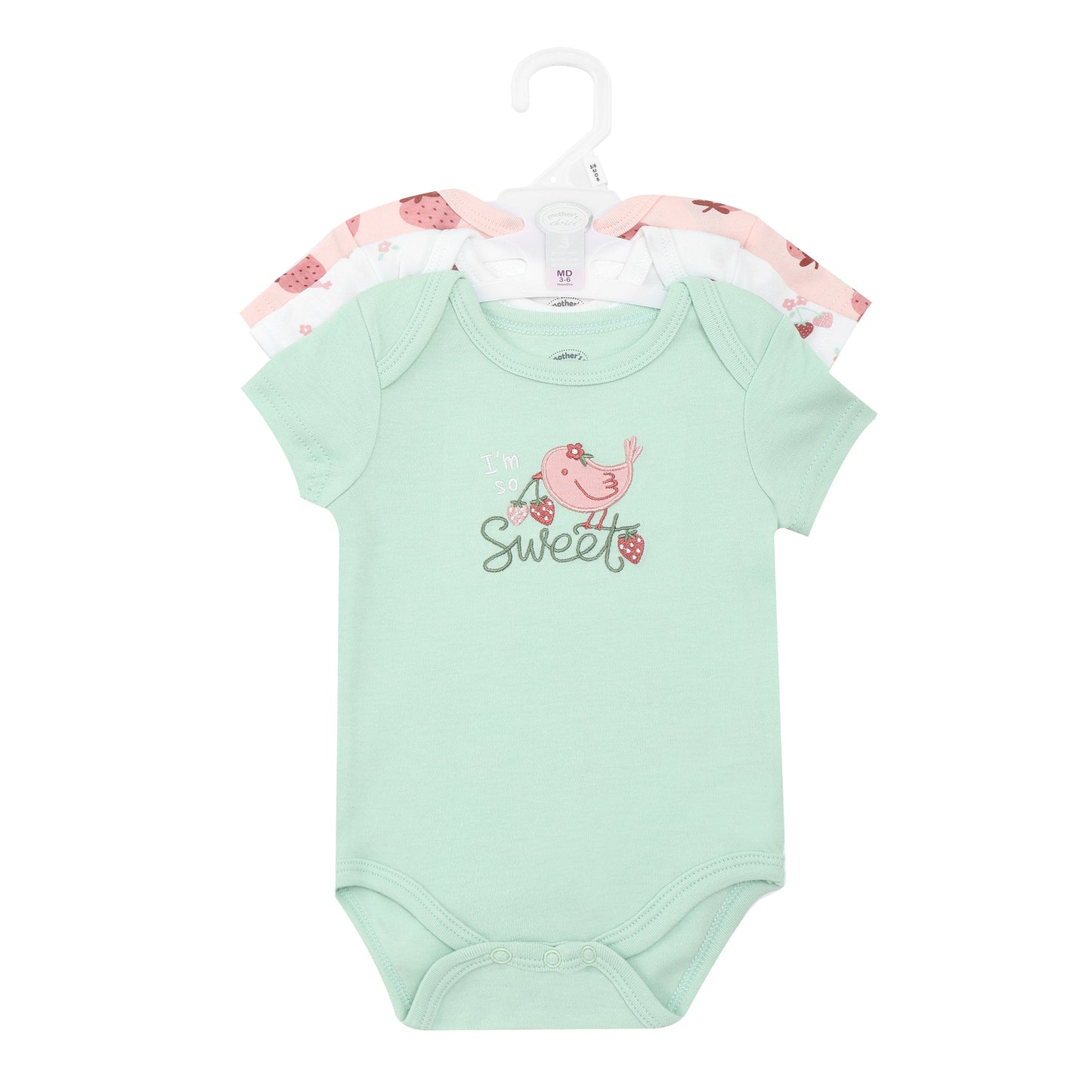 MOTHER'S CHOICE 3-Pc 100% Cotton Short-Sleeved Baby Bodysuit (Pink-Mint, Sweet Birdie Strawberry)
