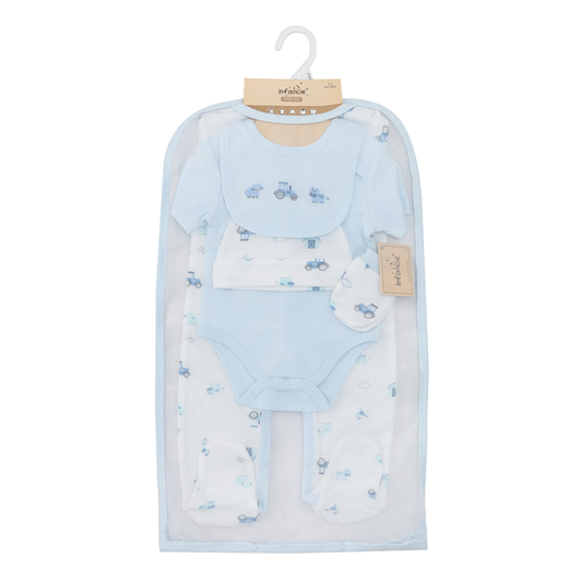 Infancie 5-Pc Baby Layette Set - Grower, Bodysuit,Bib,Hat and Mittens (Blue Farm & Tractor)