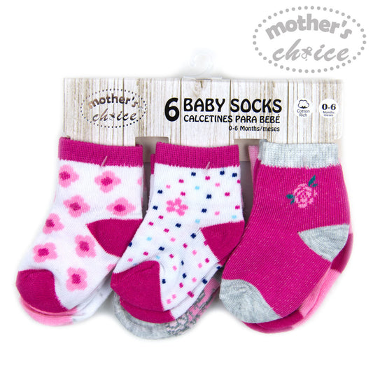MOTHER'S CHOICE 6-Pk Newborn Baby Socks Set (0-6m, Pink, Flower 2)