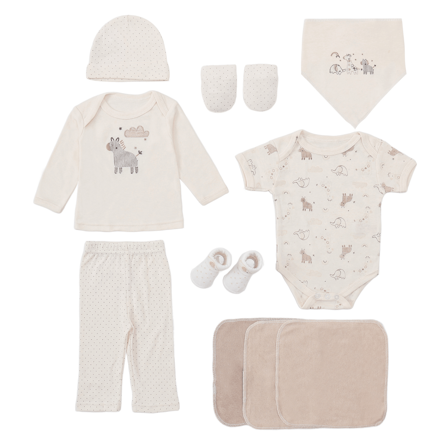 MOTHER'S CHOICE 10-Pc Baby Bodysuit, T-shirt, Pants, Hat, Mittens, Bib, Socks & Wash Cloths Gift Box Set (Beige Safari)