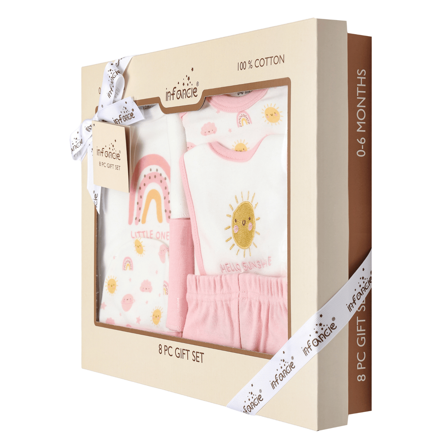 INFANCIE 8-Pc Baby Tee, Bodysuit, Pants, Hat, Bib & & Wash Cloths Gift Box Set (Hello Sunshine)