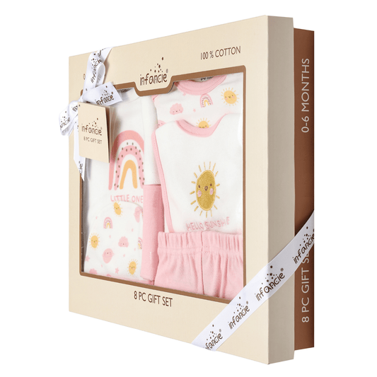INFANCIE 8-Pc Baby Tee, Bodysuit, Pants, Hat, Bib & & Wash Cloths Gift Box Set (Hello Sunshine)