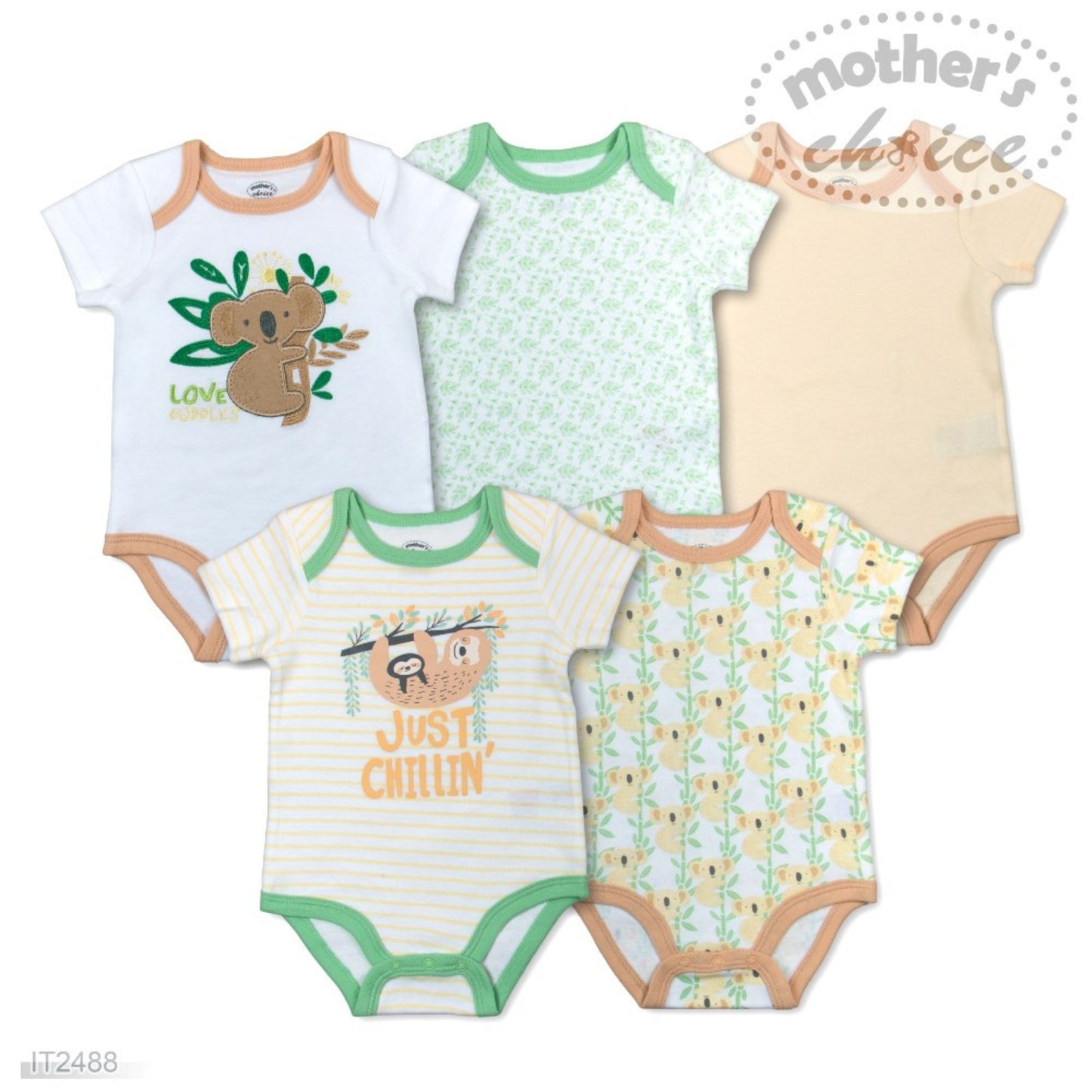 MOTHER'S CHOICE 5-Pc 100% Cotton Short-Sleeved Baby Bodysuit (Just Chilling)