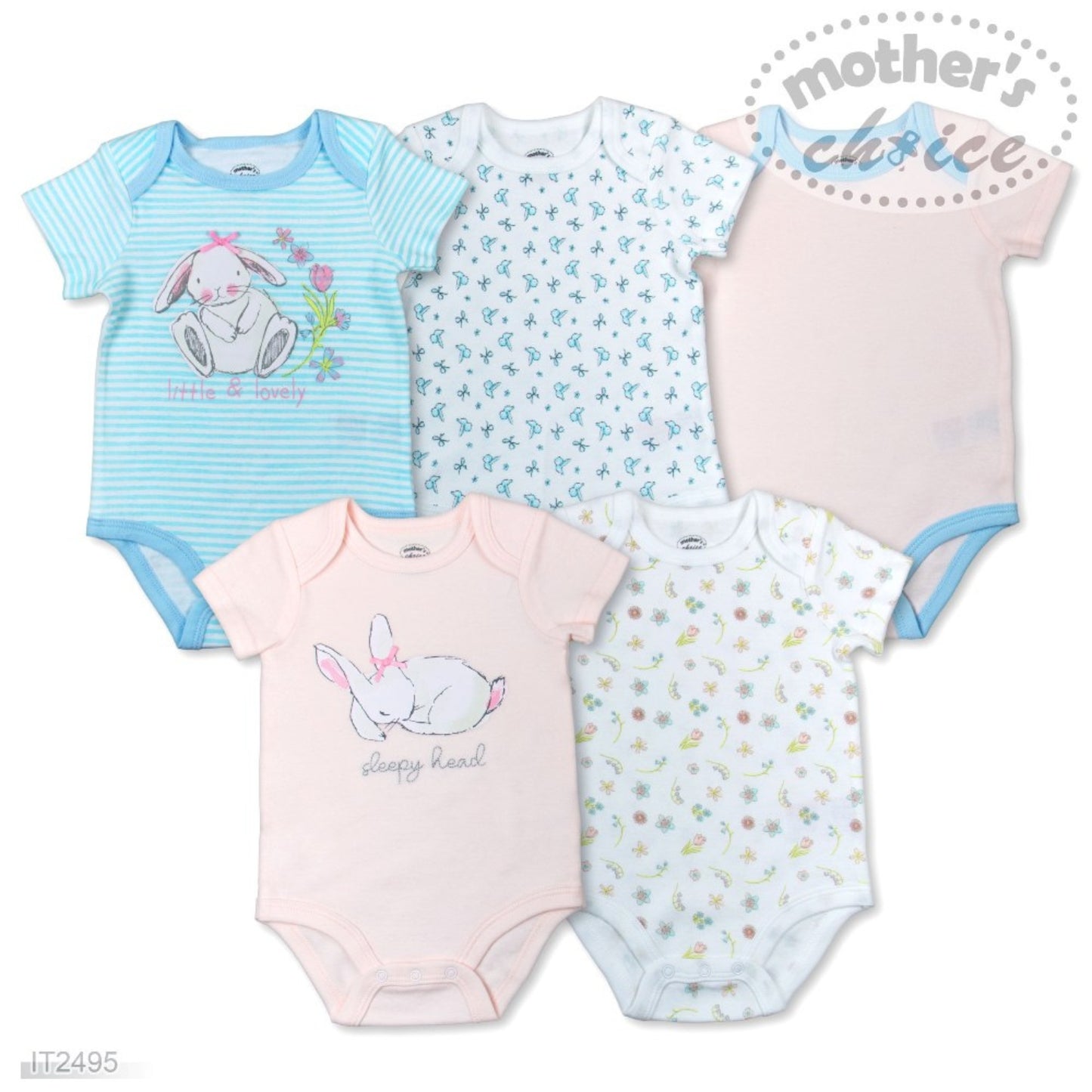 MOTHER'S CHOICE 5-Pc 100% Cotton Short-Sleeved Baby Bodysuit (Sleepyhead Bunny)