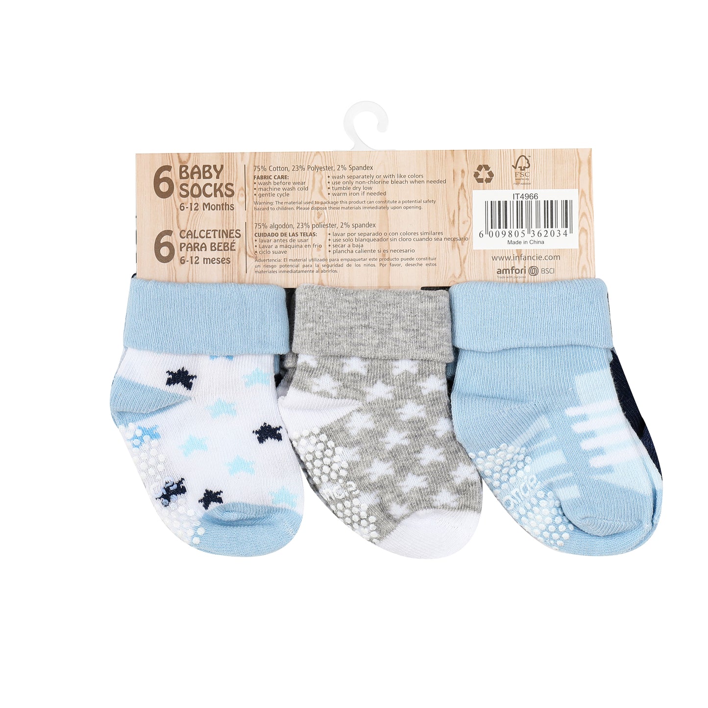 INFANCIE 6-Pk Anti-slip Baby Socks Box (0-6m, Blue, Little All-Star)