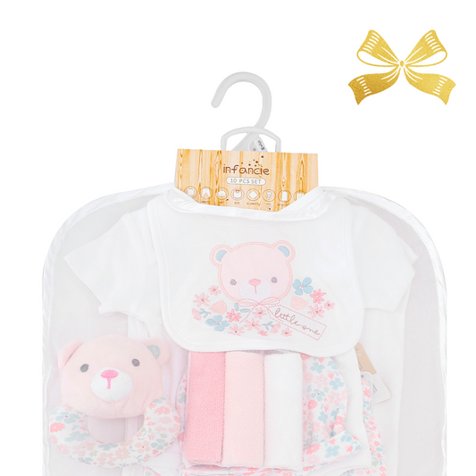 INFANCIE 10-Pc Essential Layette Gift Set (Pink Flora Bear)