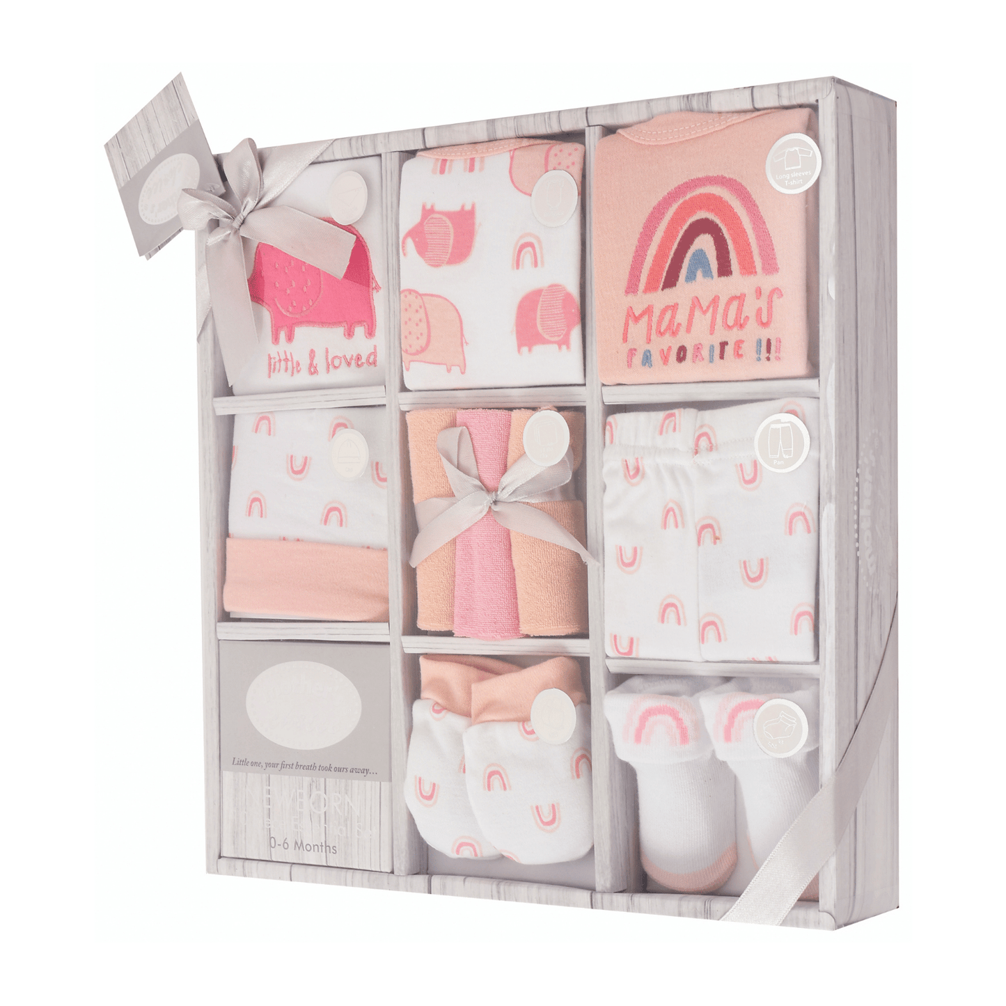 MOTHER'S CHOICE 10-Pc Baby Bodysuit, T-shirt, Pants, Hat, Mittens, Bib, Socks & Wash Cloths Gift Box Set (Pink Rainbow)