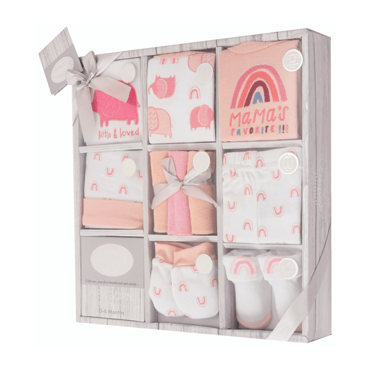 MOTHER'S CHOICE 10-Pc Baby Bodysuit, T-shirt, Pants, Hat, Mittens, Bib, Socks & Wash Cloths Gift Box Set (Pink Rainbow)