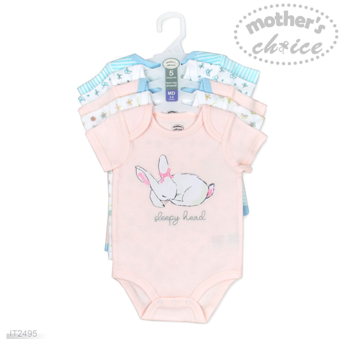 MOTHER'S CHOICE 5-Pc 100% Cotton Short-Sleeved Baby Bodysuit (Sleepyhead Bunny)