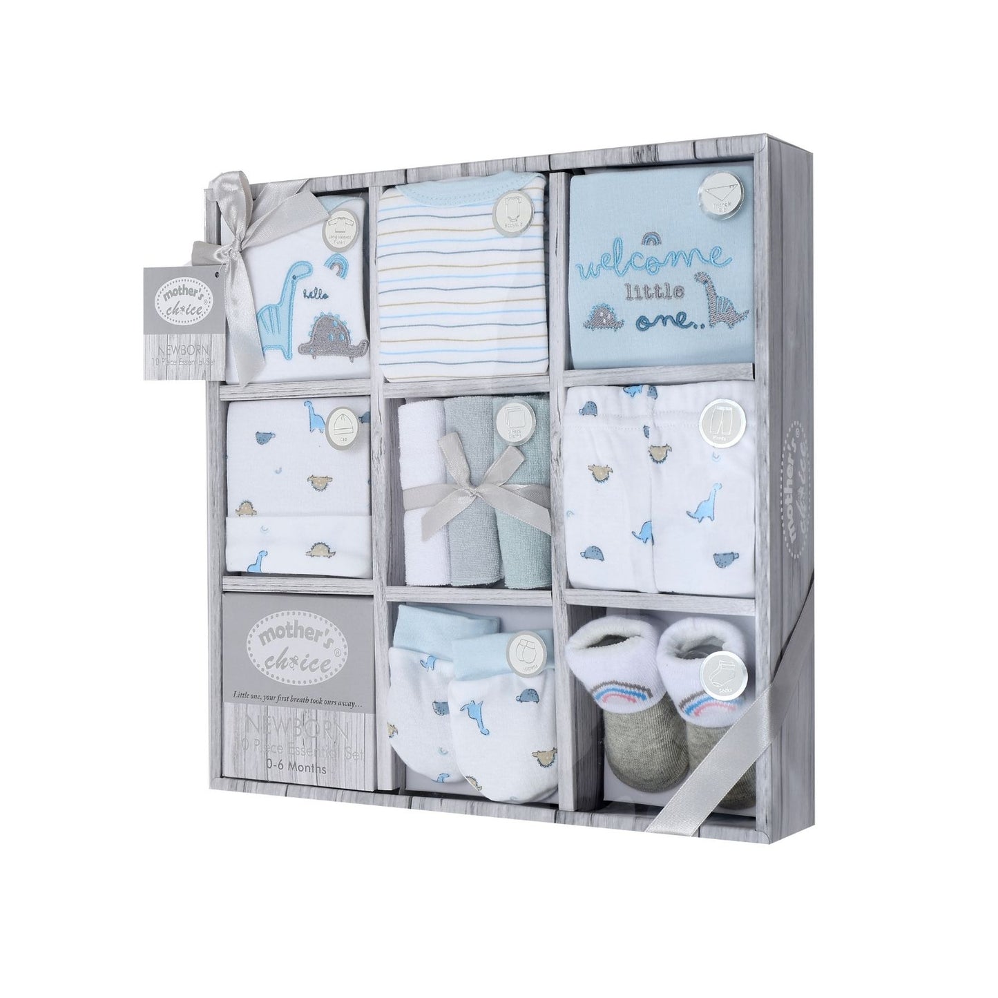 MOTHER'S CHOICE 10-Pc Baby Gift Box - Bodysuit, T-Shirt, Pants, Hat, Mittens, Bib, Socks & 3 Wash Cloths (Blue Dino)
