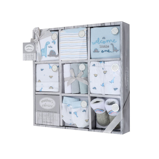 MOTHER'S CHOICE 10-Pc Baby Gift Box - Bodysuit, T-Shirt, Pants, Hat, Mittens, Bib, Socks & 3 Wash Cloths (Blue Dino)