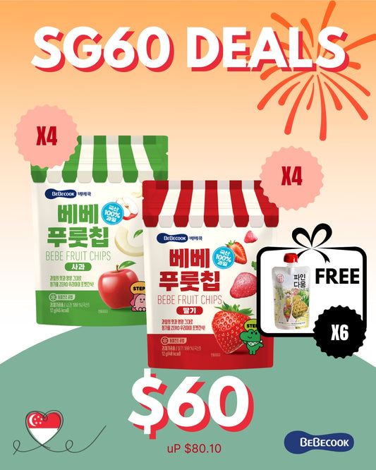 [SG60 Bundle] BeBecook -  8 x My First Freeze-Dried Fruit Chips (2 Flavours) + FREE x 6  Sigolstory Apple & Pineapple Juice