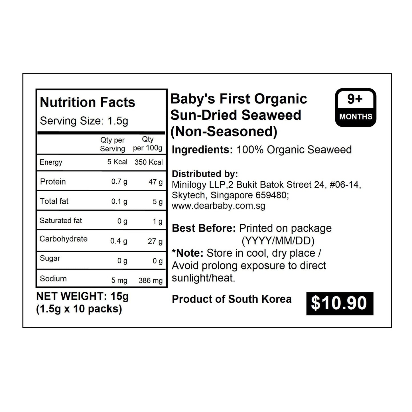 BeBecook - 12-Pk Baby's First Organic Sun-Dried Seaweed (Non-Seasoned) 10 x 1.5g