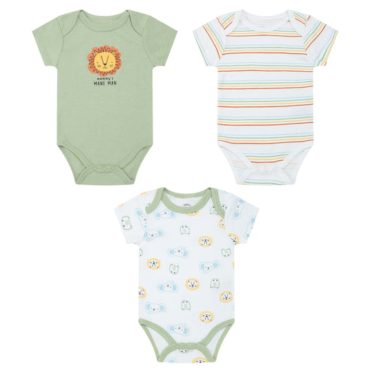 MOTHER'S CHOICE 3-Pc 100% Cotton Short-Sleeved Baby Bodysuit (Green, Lion, Mommy's Mane Man)