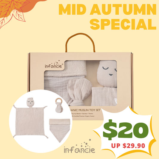Infancie 3-Pc Organic Muslin Gift Box - Toy, Bib & Teether (Beige)