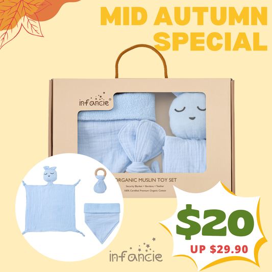 Infancie 3-Pc Organic Muslin Gift Box - Toy, Bib & Teether (Blue)