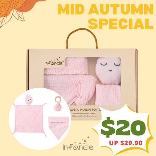 Infancie 3-Pc Organic Muslin Gift Box - Toy, Bib & Teether (Pink)