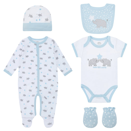 MOTHER'S CHOICE 5-Pc Baby Layette Set - Grower, Bodysuit, Bib, Hat & Mittens (Blue Elly)
