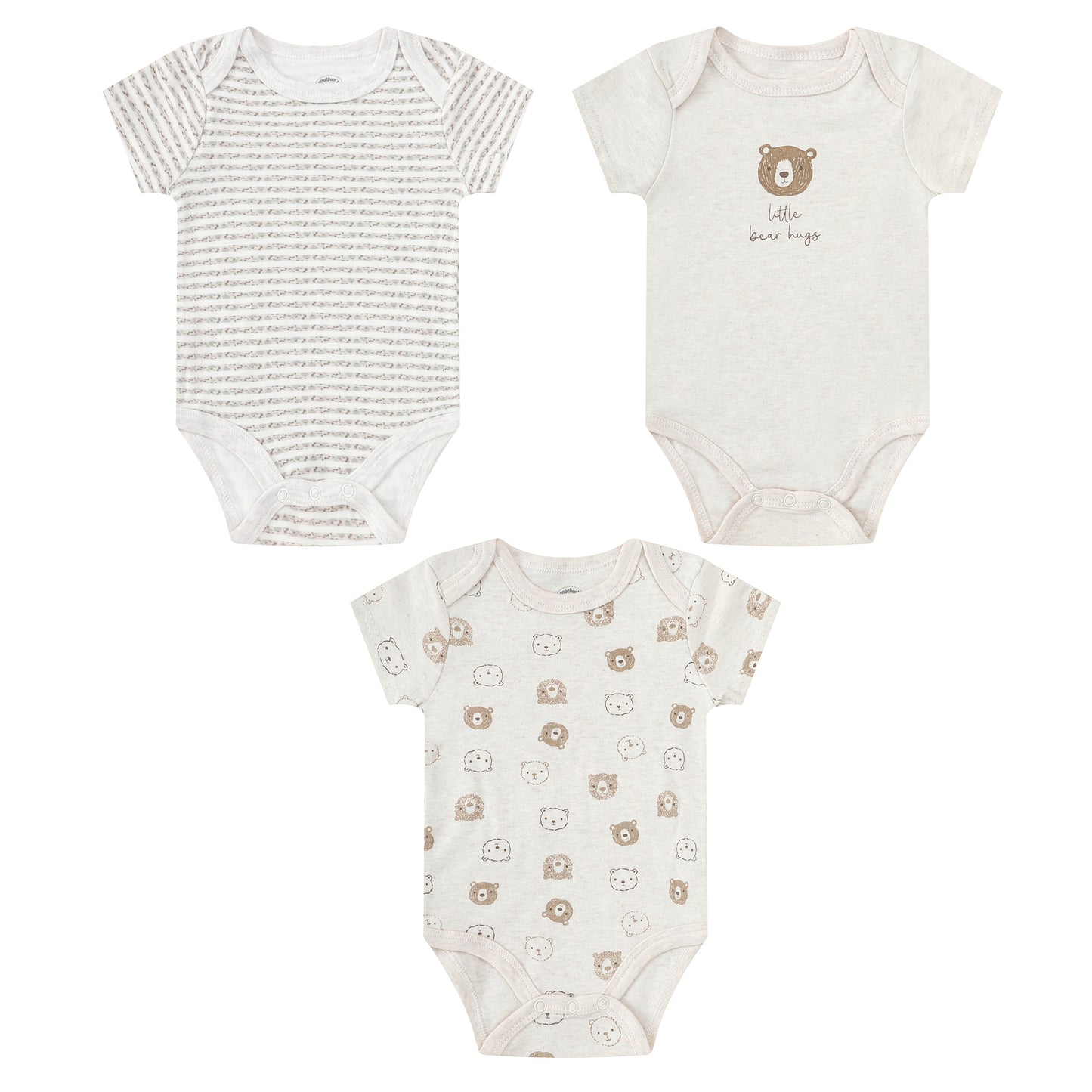 MOTHER'S CHOICE 3-Pc 100% Cotton Short Sleeve Bodysuits (Beige, Bear, Little Bear Hugs)