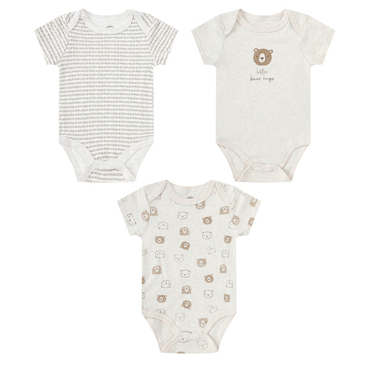 MOTHER'S CHOICE 3-Pc 100% Cotton Short Sleeve Bodysuits (Beige, Bear, Little Bear Hugs)