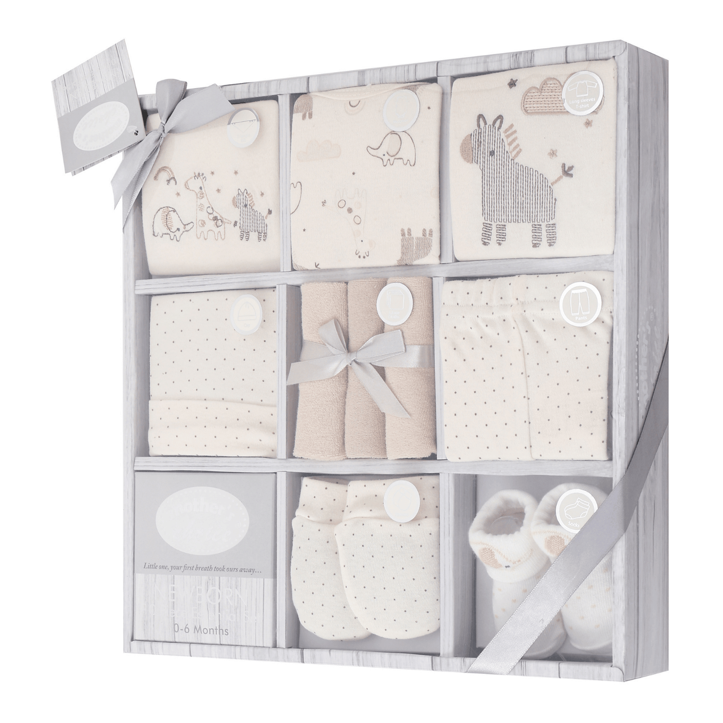 MOTHER'S CHOICE 10-Pc Baby Bodysuit, T-shirt, Pants, Hat, Mittens, Bib, Socks & Wash Cloths Gift Box Set (Beige Safari)