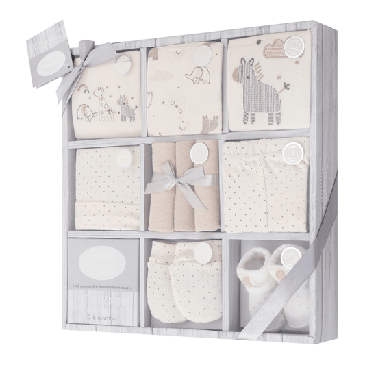 MOTHER'S CHOICE 10-Pc Baby Bodysuit, T-shirt, Pants, Hat, Mittens, Bib, Socks & Wash Cloths Gift Box Set (Beige Safari)