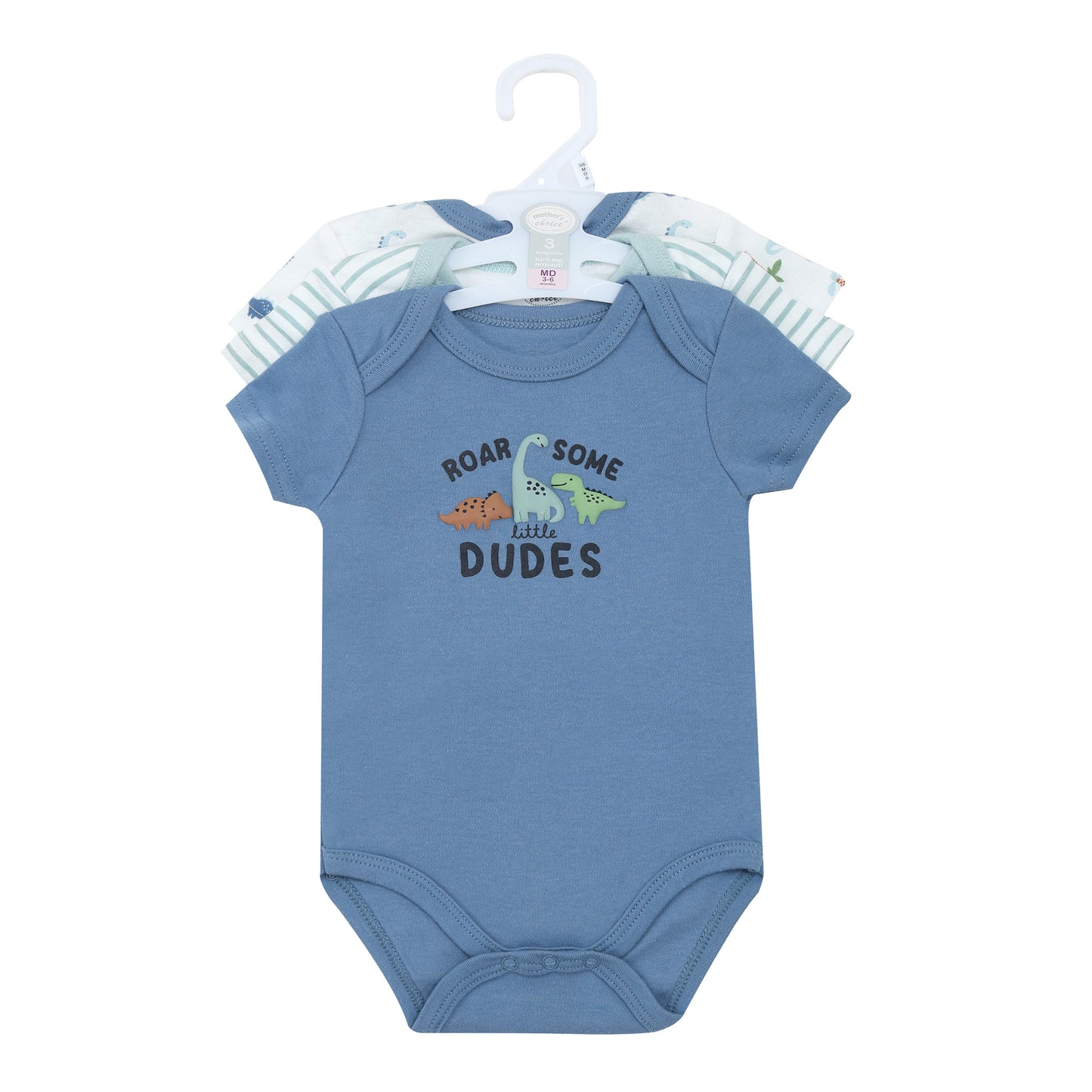 MOTHER'S CHOICE 3-Pc 100% Cotton Short-Sleeved Baby Bodysuit (Blue, Dino, Roar Some Little Dudes)