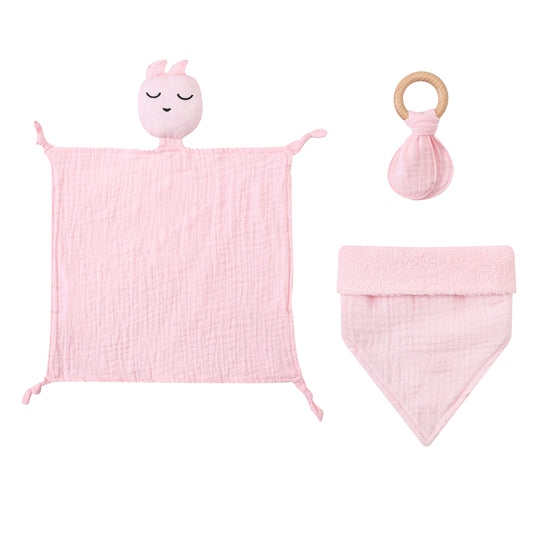 Infancie 3-Pc Organic Muslin Gift Box - Toy, Bib & Teether (Pink)