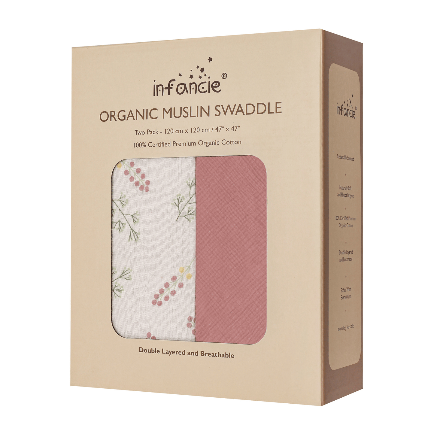 INFANCIE 2-Pc Organic Cotton Baby Muslin Blanket Gift Set (Dusty Rose / Bloom)
