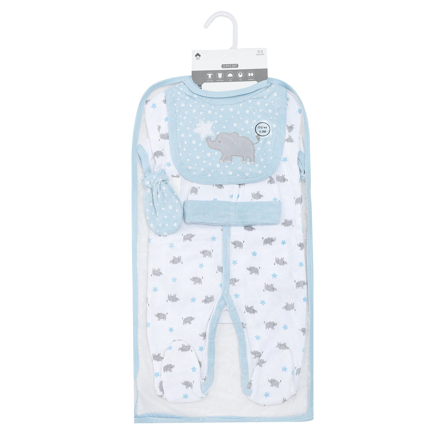 MOTHER'S CHOICE 5-Pc Baby Layette Set - Grower, Bodysuit, Bib, Hat & Mittens (Blue Elly)