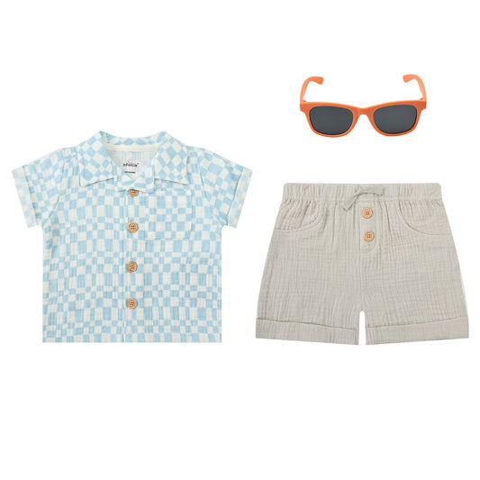 Infancie 3-Pc Baby Muslin Top, Shorts & Sunglasses (Blue Retro)