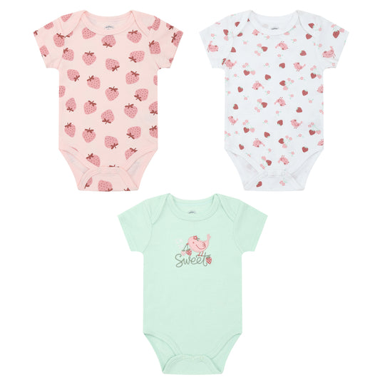 MOTHER'S CHOICE 3-Pc 100% Cotton Short-Sleeved Baby Bodysuit (Pink-Mint, Sweet Birdie Strawberry)