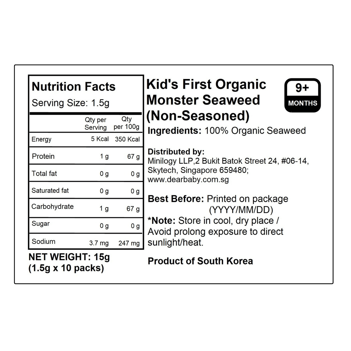 CLE - Kid's First Organic Monster Seaweed (Non-Seasoned) 1.5g x10