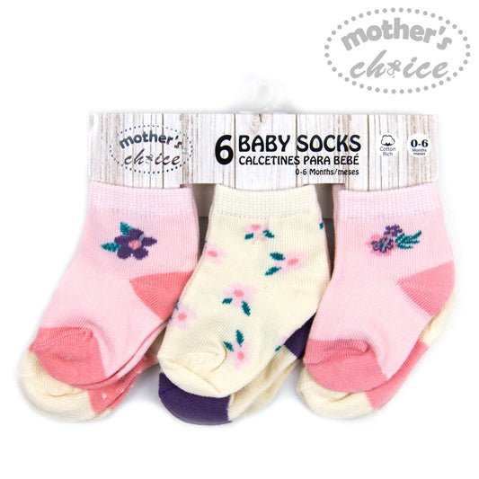 MOTHER'S CHOICE 6-Pk Newborn Baby Socks Set (0-6m, Pink, Flower 1)
