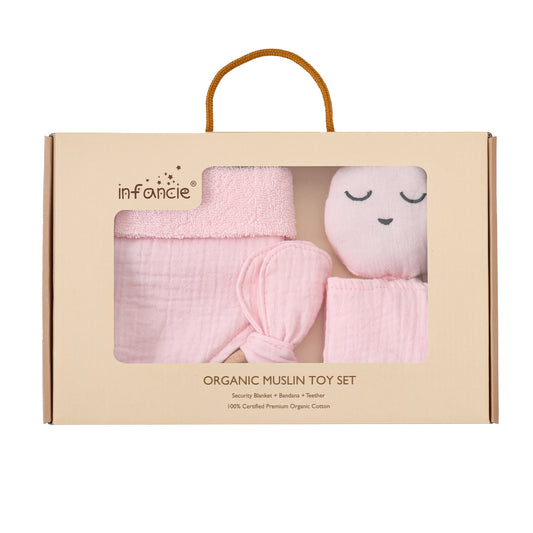 Infancie 3-Pc Organic Muslin Gift Box - Toy, Bib & Teether (Pink)
