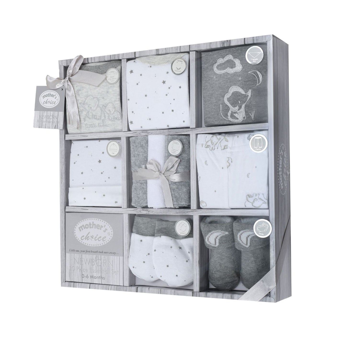 MOTHER'S CHOICE 10-Pc Baby Gift Box - Bodysuit, T-Shirt, Pants, Hat, Mittens, Bib, Socks & 3 Wash Cloths (Grey Elly)