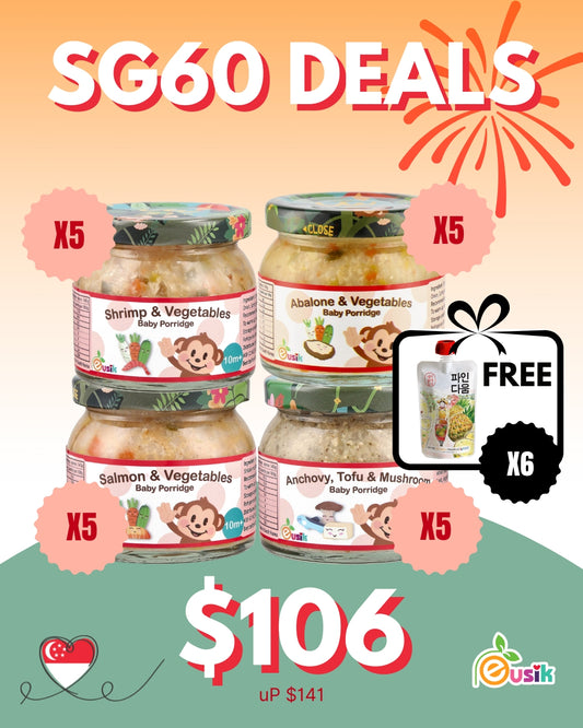 [SG60 Bundle] Eusik  - 20 x Baby Rice Porridge for 10mth+ (Assorted) + FREE 6 x Sigolstory Apple & Pineapple Juice