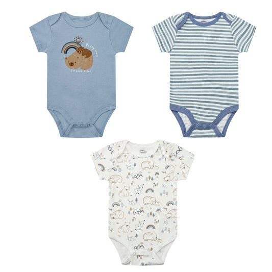 Mother's Choice 3-Pc 100% Cotton Short Sleeve Bodysuits (Blue, Bear, Daddy knows I'm sooo cute)