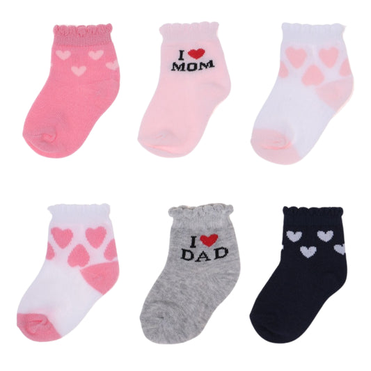 INFANCIE 6-Pk Newborn Baby Socks Set (0-6m, Pink, I Love Mommy)