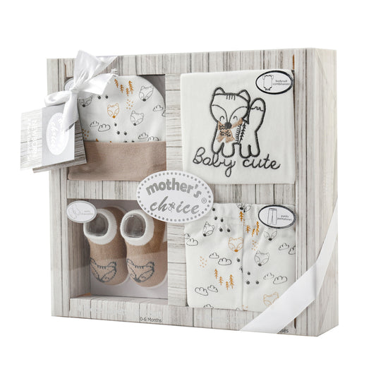 MOTHER'S CHOICE 4-pc Baby Gift Box - Bodysuit, Pants, Hat, Socks (Beige Foxy)