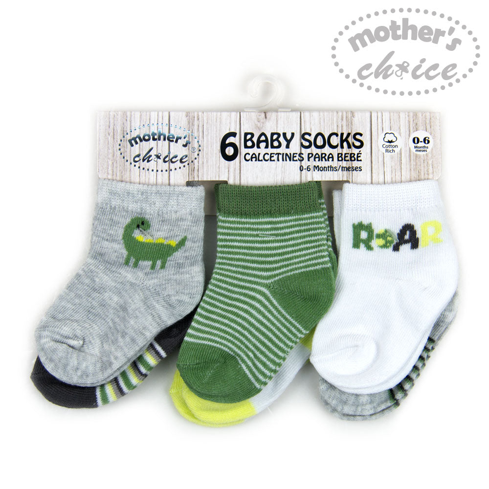 MOTHER'S CHOICE 6-Pk Newborn Baby Socks Set (0-6m, Green, Dino)