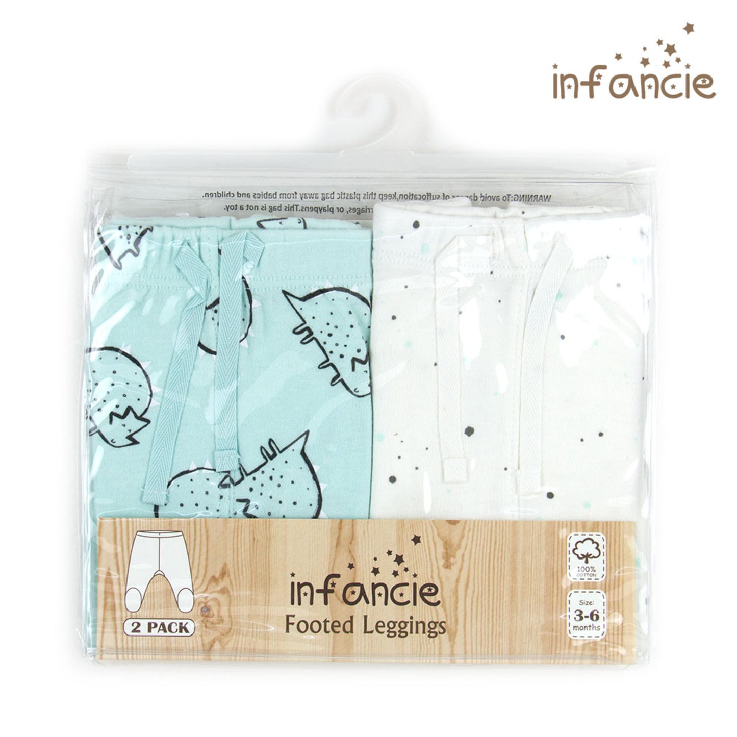 Infancie 2-Pc 100% Cotton Footed Baby Pants (Mint Dino)
