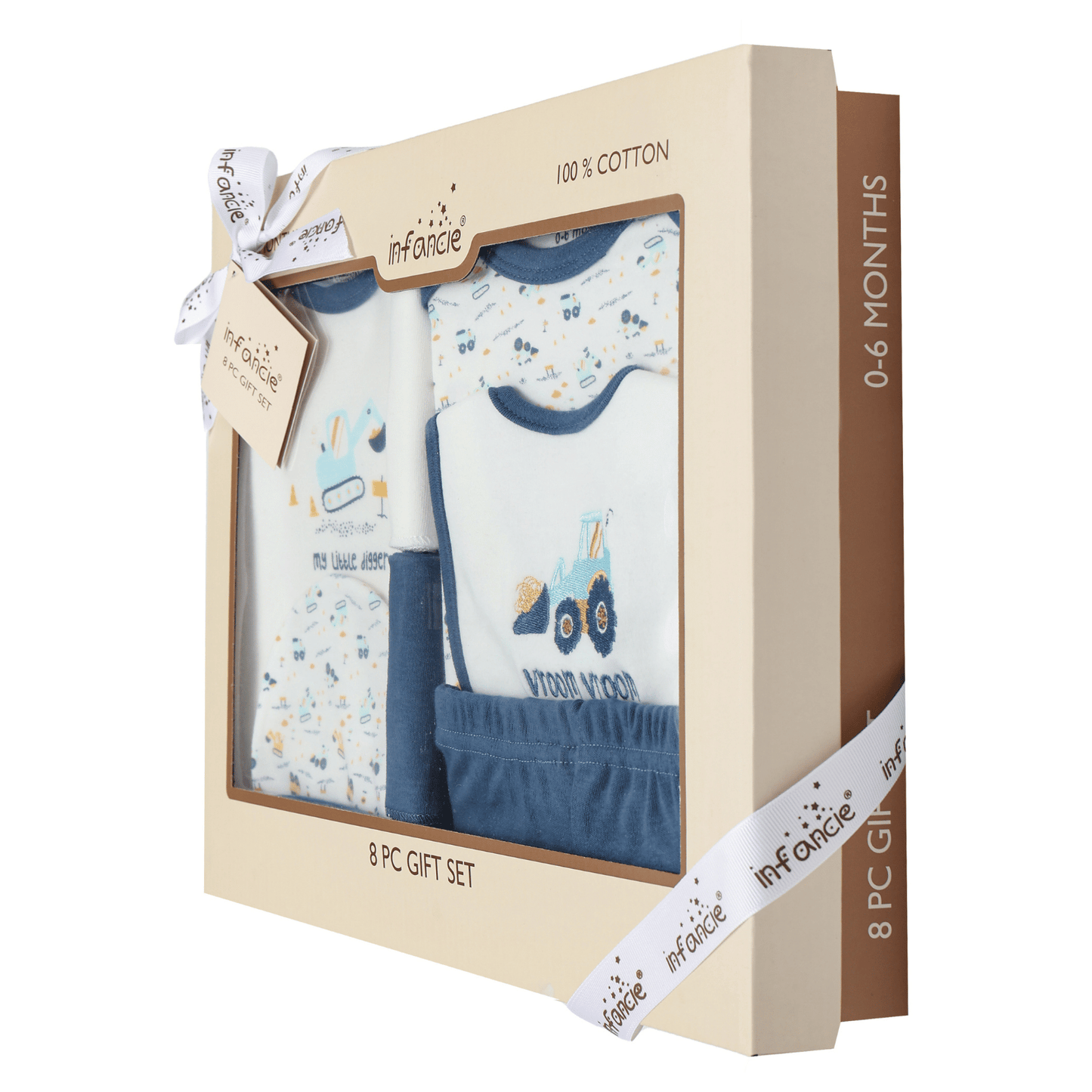 INFANCIE 8-Pc Baby Tee, Bodysuit, Pants, Hat, Bib & & Wash Cloths Gift Box Set (Vroom Vroom)