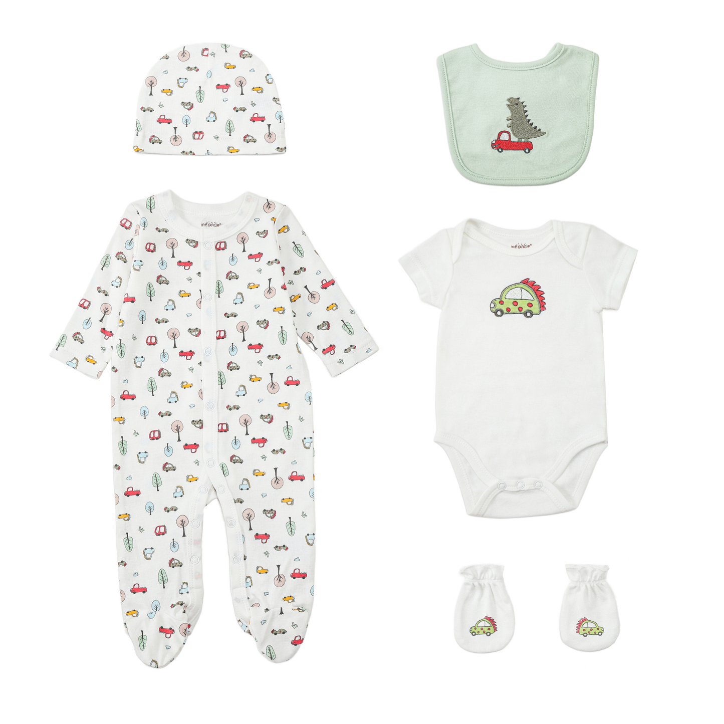 Infancie 5-Pc Baby  Grower, Bodysuit, Bib, Hat & Mittens Layette Gift Set (Dino Car)