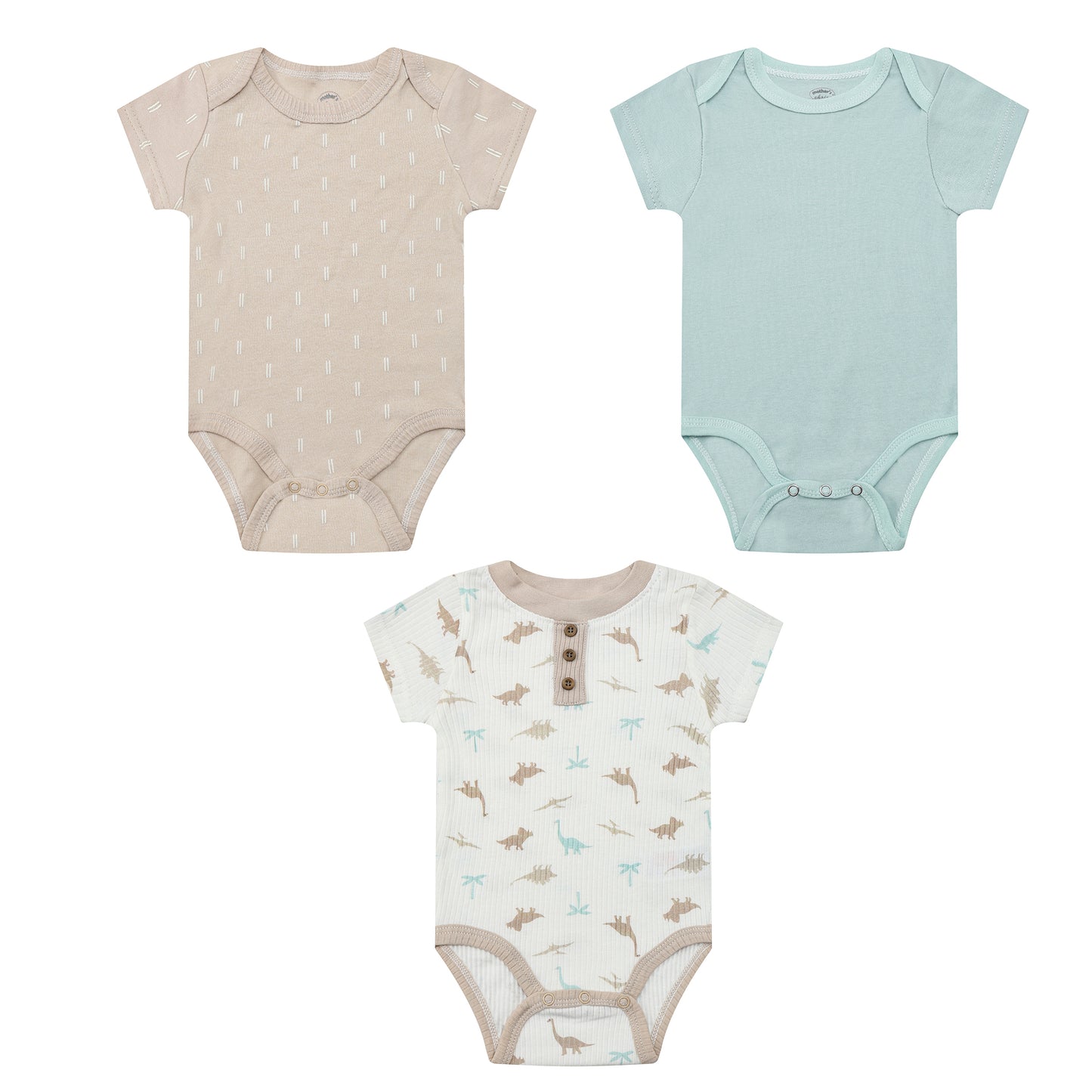 MOTHER'S CHOICE 3-Pc 100% Cotton Short Sleeve Bodysuits (Mint / Brown Dino)