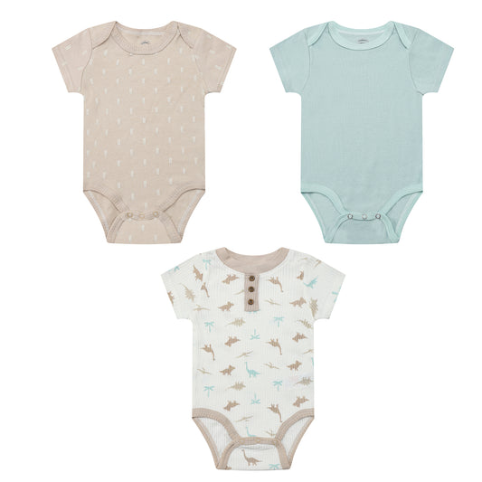 MOTHER'S CHOICE 3-Pc 100% Cotton Short Sleeve Bodysuits (Mint / Brown Dino)