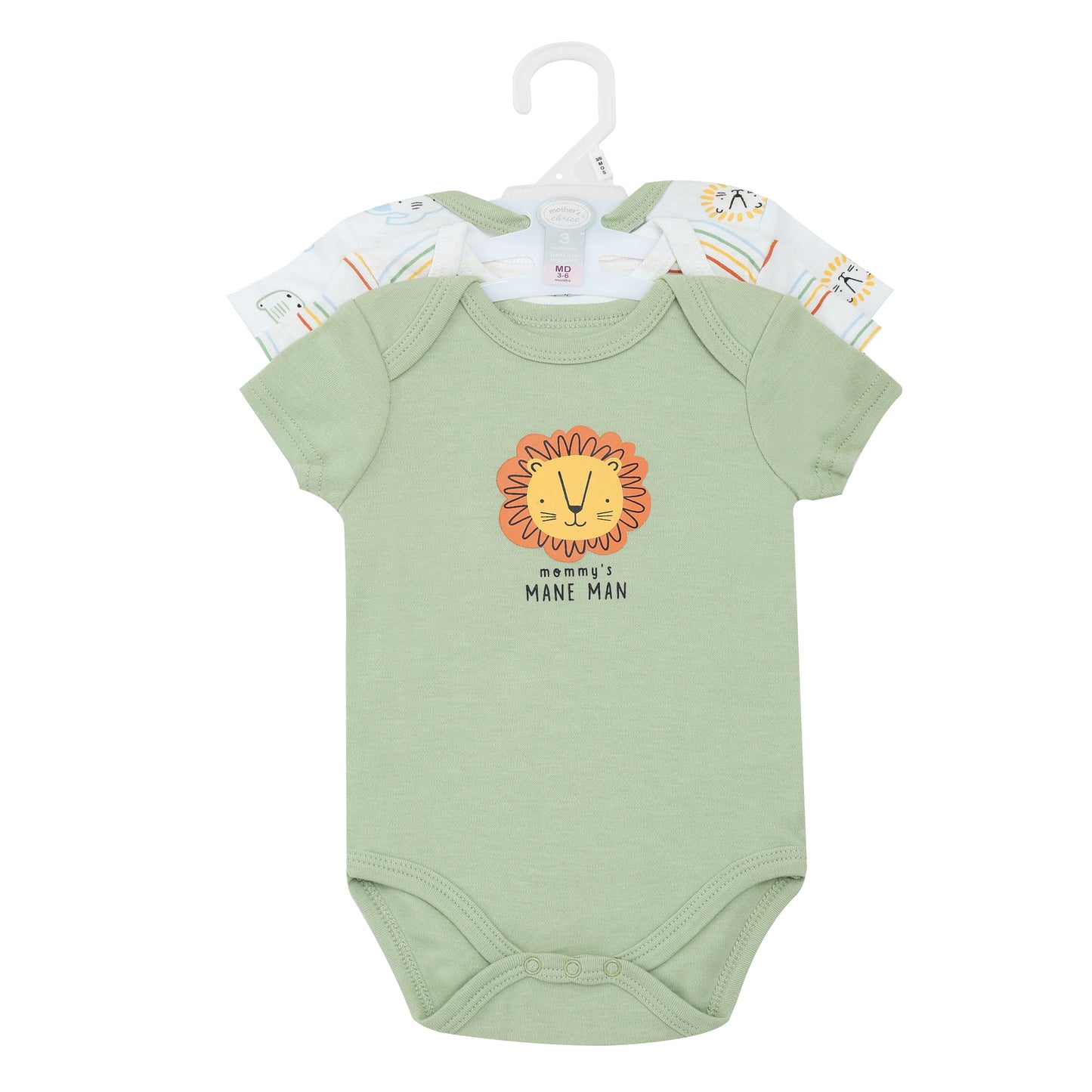 MOTHER'S CHOICE 3-Pc 100% Cotton Short-Sleeved Baby Bodysuit (Green, Lion, Mommy's Mane Man)