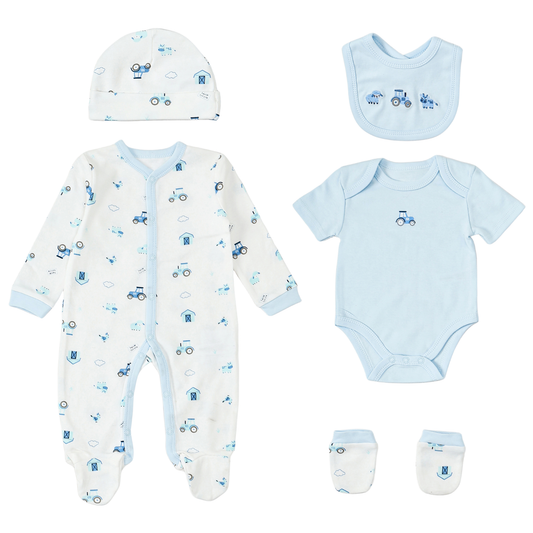Infancie 5-Pc Baby Layette Set - Grower, Bodysuit,Bib,Hat and Mittens (Blue Farm & Tractor)