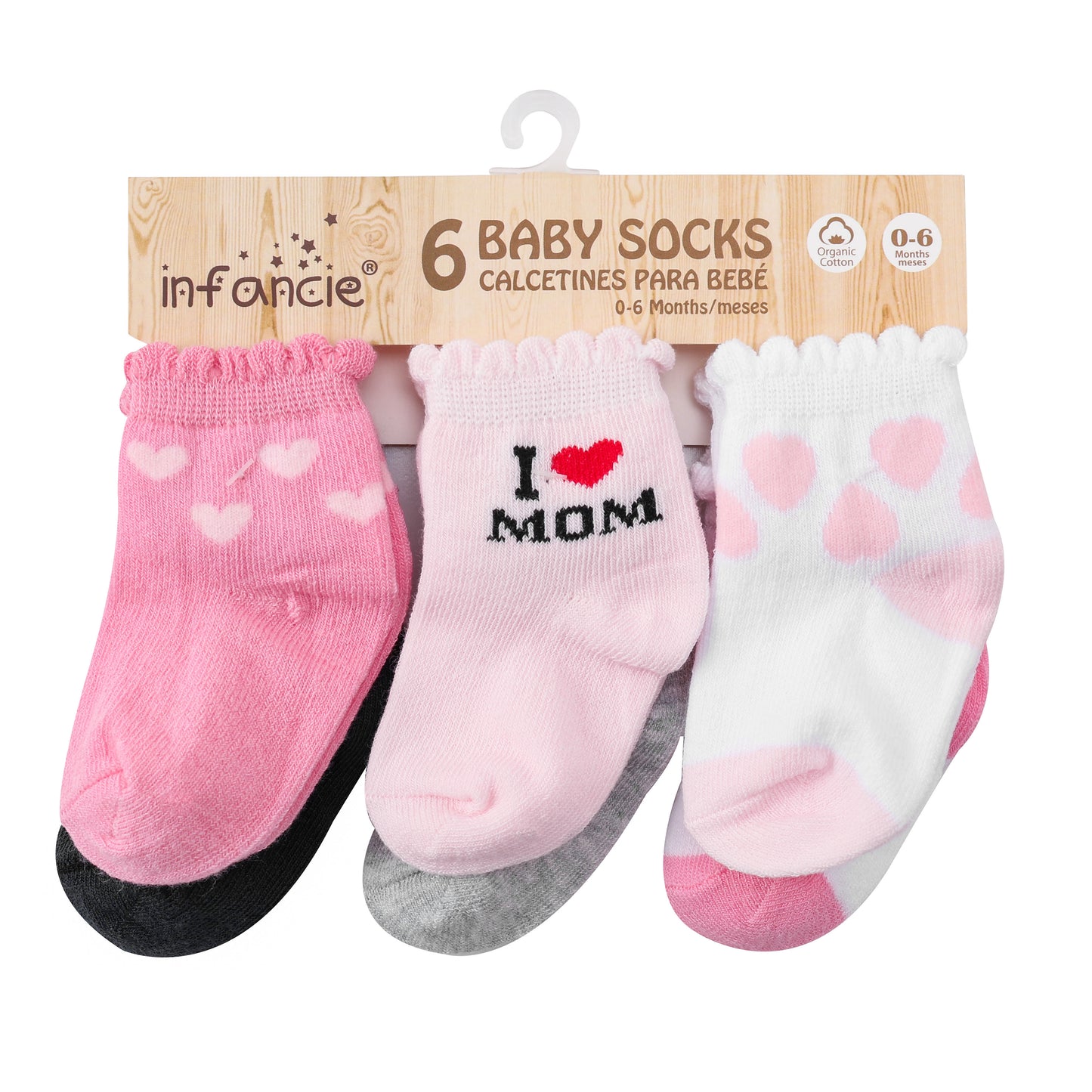 INFANCIE 6-Pk Newborn Baby Socks Set (0-6m, Pink, I Love Mommy)